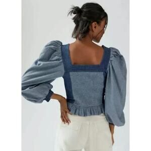 LOVE THE LABEL Smocked Puff Sleeve Chevron Top Blouse Anthropologie S NWT $160